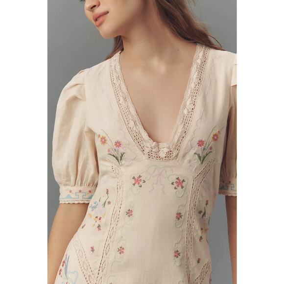 New Anthropologie Linen Blend Puff-Sleeve V-Neck Mini Dress $228 SIZE 12 Neutral - Picture 4 of 6